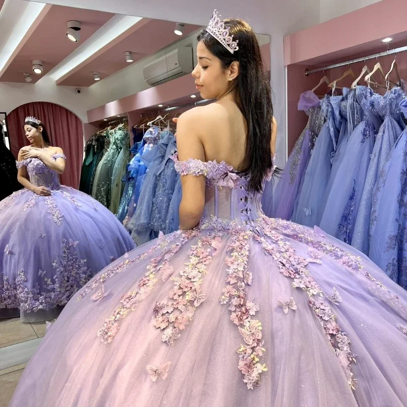 women's lace-up dressesMexican Lavender Quinceanera Dresses Ball Gown Beaded Lace Appliques Bow Sweet 16 Dress Princess Lace Up Vestido De 15 Anos