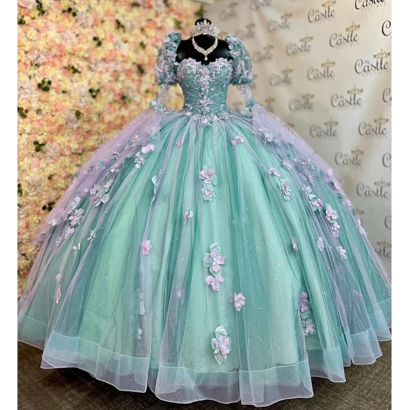 women's empire-line dressesMint Blue Quinceanera Dresses 2024 Half Sleeve Ball Gown Appliques Beading Sweet 16 15 Dress Vestidos De Fiesta