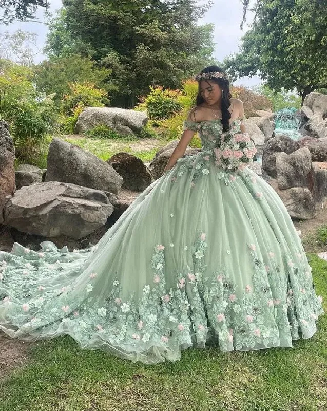 women's body-skimming dressesMint Green Princess Quinceanera Dresses Off Shoulder 3D Floral Ball Gown Coset vestido 15 quinceañeras dorado Sweet 16