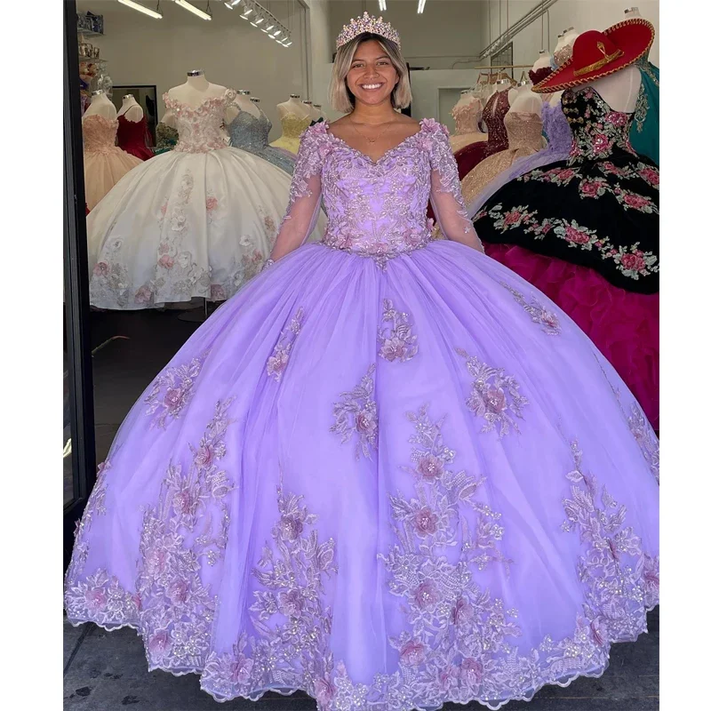 women's chiffon dressesLavender Sexy V-Neck Quinceanera Dresses Ball Gowns With Appliques Lace 3DFlower Tulle Sweet 16 Dress Court Train Vestidos De 15