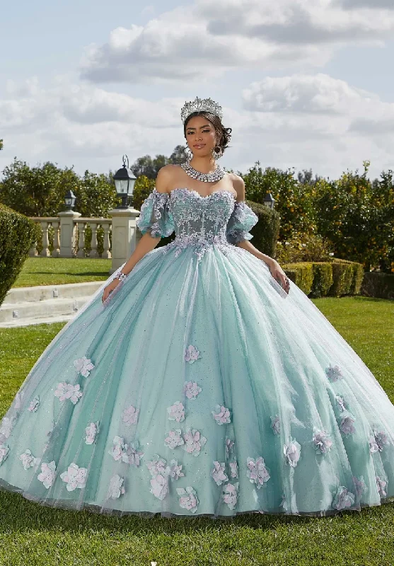 women's flowy dressesMint Quinceanera Dress 2024 Ball Gown Flowers Puff Sleeve Corset Beading Appliques Princess Vestidos De 15 Años