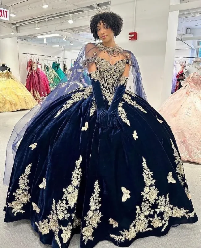 women's stretch dressesNavy Blue Ball Gown Quinceanera Dresses 2024 With Cape velvet Appliques Beads Sweet 16 Dress Vestidos De 15 Anos Lace-Up