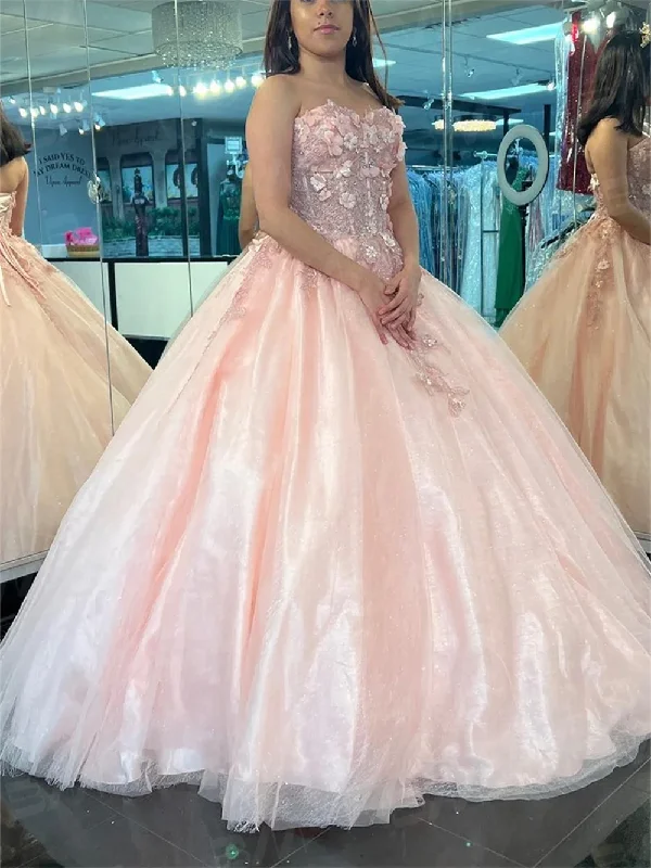 women's vacation dressesPink 3D Floral Lace Strapless Ball Gown Strapless Appliqued Quinceanera Dress 2024 New Arrival Vestidos De 15 Quinceañera