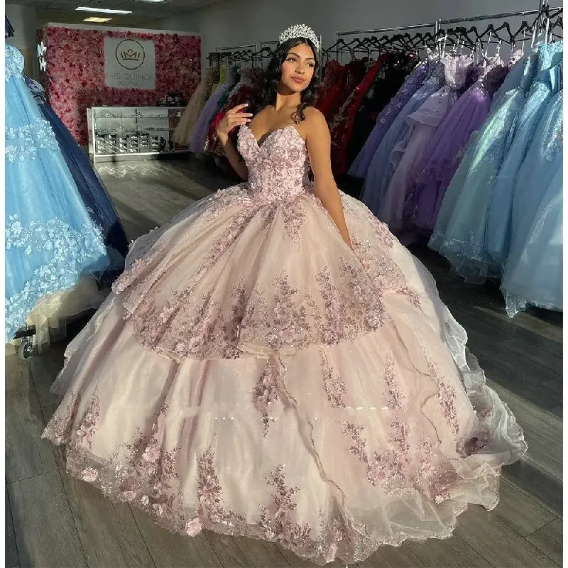 women's casual Friday dressesPink Ball Gown Quinceanera Dress Floral Applique 3D Flower Off the Shoulder Beading Sweet 16