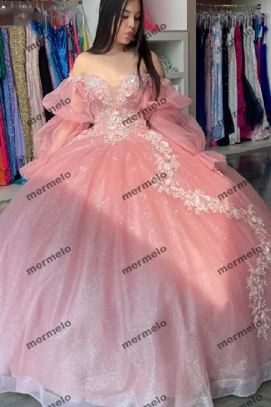 women's wrinkle-resistant dressesPink Long Sleeve Quinceanera Dress Ball Gown Applique Beaded Sequins Corset Sweet 16