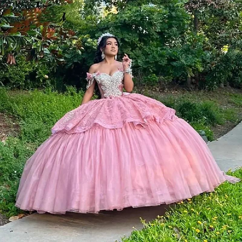 women's ethical fashion dressesPink Off The Shoulder Lace Ruffles Mexican Quinceanera Dress Ball Gown Beading Tassel Crystal Corset Vestidos De XV Anos