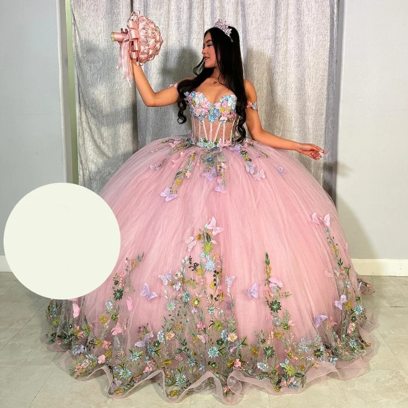 women's party dressesPink Princess Lace Appliques Bow Beading Tull Off The Shoulder Quinceanera Dresses Girls Ball Gown Sweet Vestidos De 15 Años