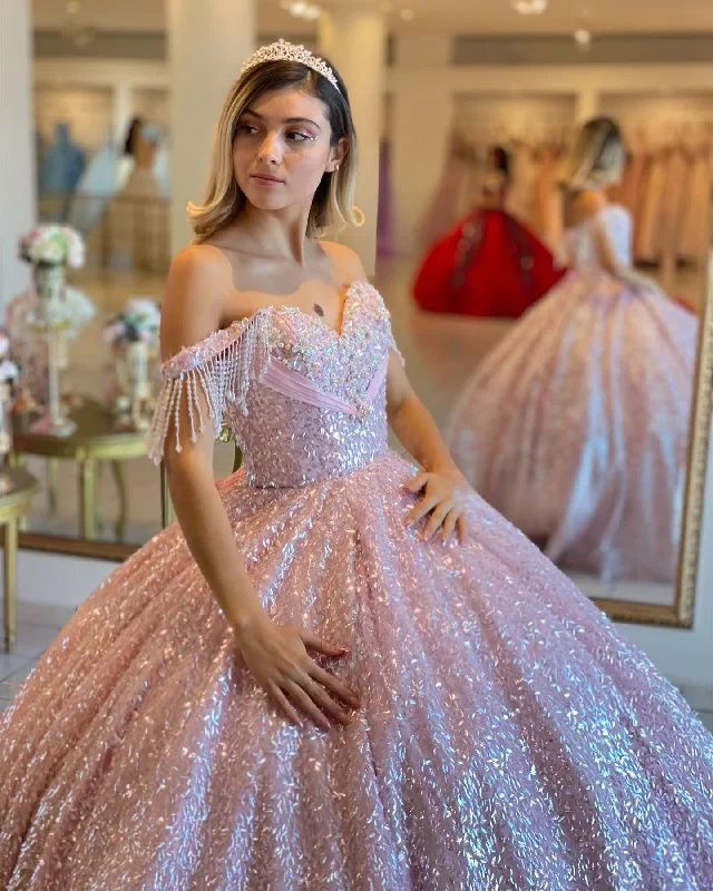 women's vintage dressesPink Princess Quinceanera Dresses Ball Gown Off The Shoulder Sequins Pearls Sweet 16 Dresses 15 Años Custom