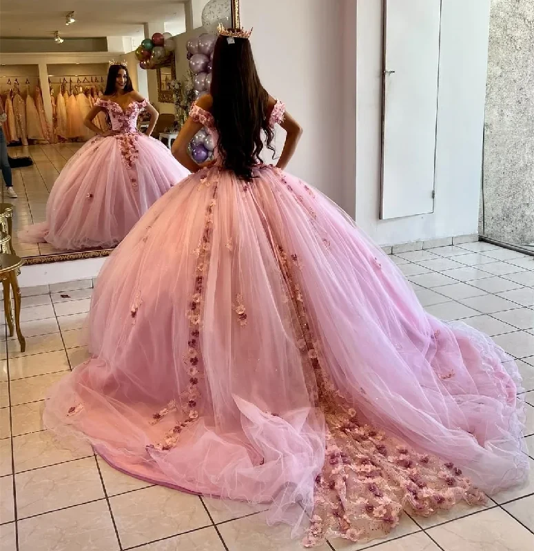 women's retro dressesPink Princess Quinceanera Dresses Ball Gown Off The Shoulder Tulle Appliques Sweet 16 Dresses 15 Años Custom