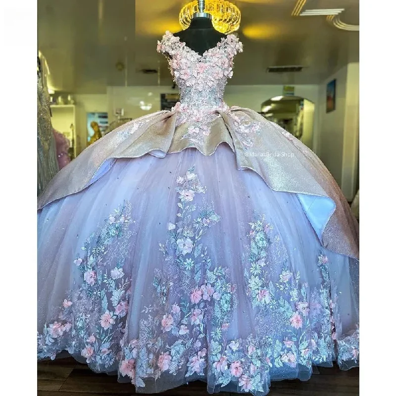 women's long-sleeved dressesPink Quinceanera Dresses Ball Gown V-neck Tulle Appliques Floral Sweet 16 Dresses 15 Años Mexican