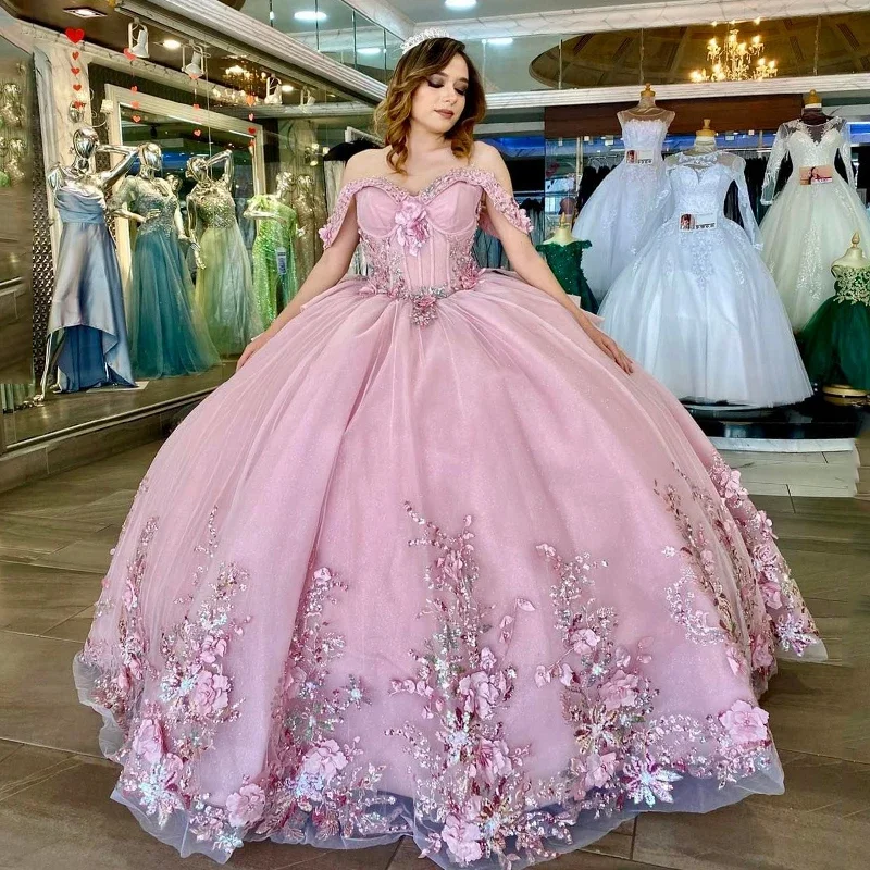 women's flutter-sleeved dressesPink Shiny Ball Gown Off the Shoulder Quinceanera Dresses 3D Flowers Appliques Lace Beads Tull Corset Vestidos De 15 Años