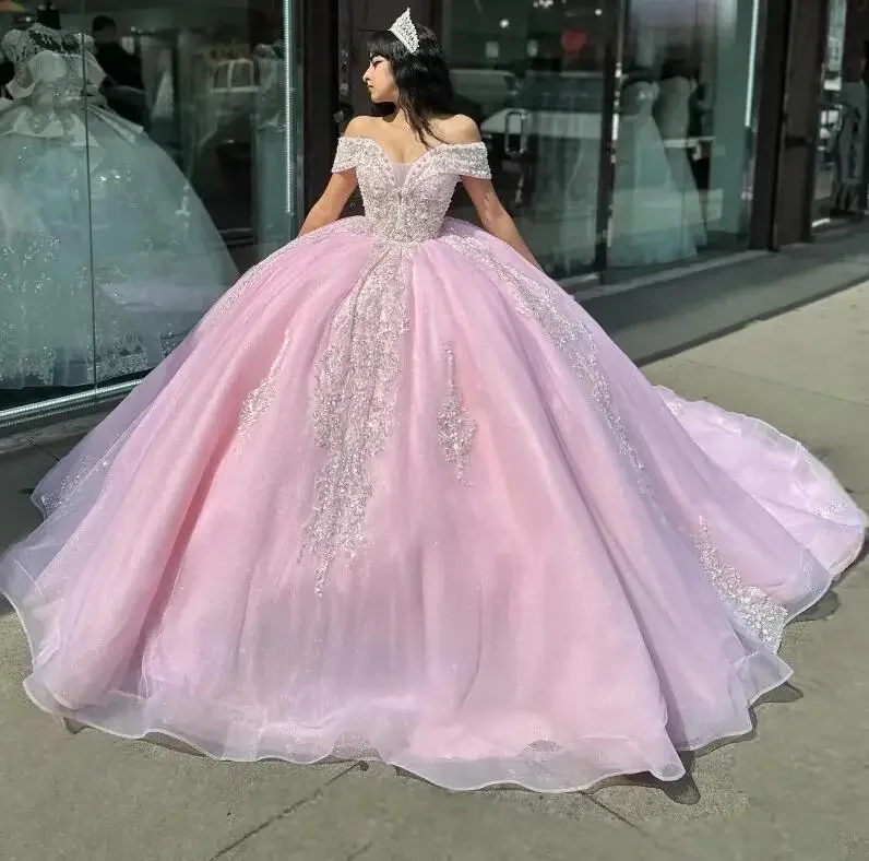 women's high-end dressesPink Shiny Quinceanera Dress Off The Shoulder Mexican Vestidos De 15 Princess Sweet 16 Birthday XV Ball Gown Cinderella dress