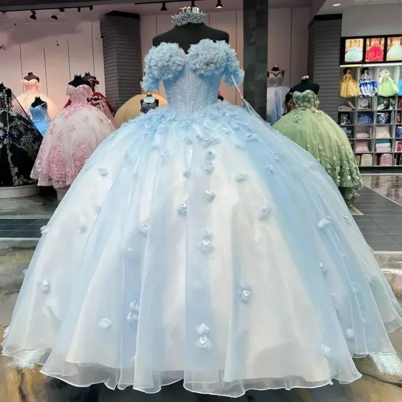 women's versatile dressesPrincess Blue Quinceanera Dress Ball Gown Flowers Appliques Beading Corset Sweet 16 Dress Vestido De 15 Años