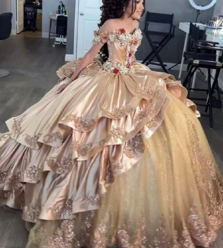 women's easy-to-wear dressesPrincess Mexico 2024 Champagne Gold Quinceanera Dresses Off The Shoulder Satin Ruffels Ball Gown Sweet 16 Dresses vestidos