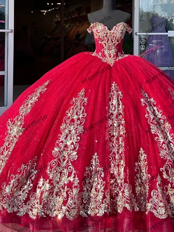 women's designer dressesRed Ball Gown 15 Year Old Quinceanera Dresses Vestidos De Fiesta Birthday With Gold Appliques