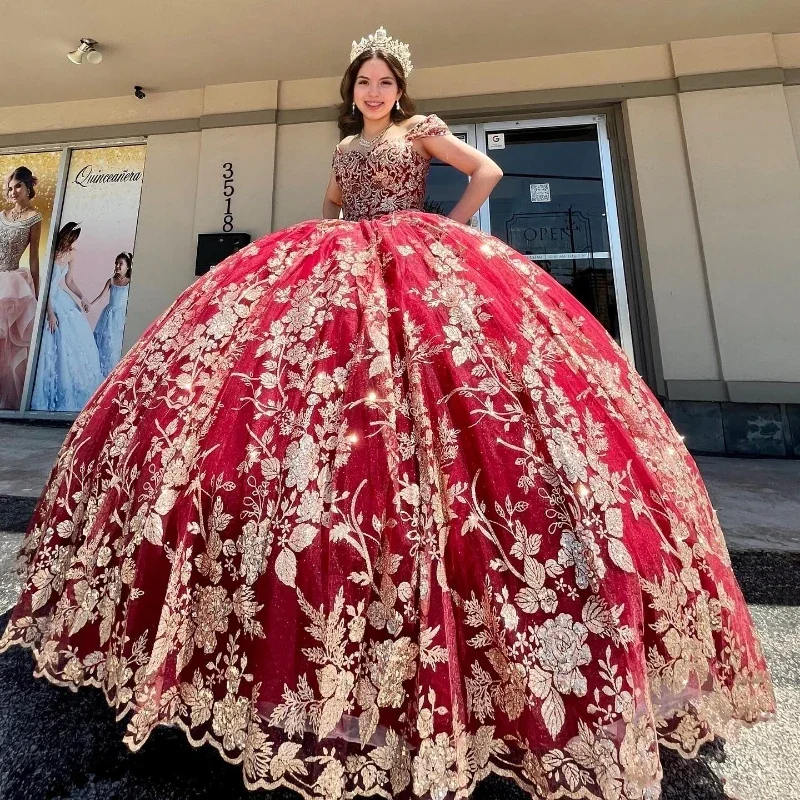 women's bespoke dressesRed Glitter Sequined Ball Gown Quinceanera Dresses Off The Shoulder Gold Applique Lace Corset Vestidos De 15 Años