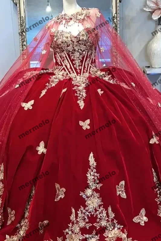 women's machine-washable dressesRed Gold Butterfly Applique Quinceanera Dresses Beading Off Shoulder Ball Gown With Cape