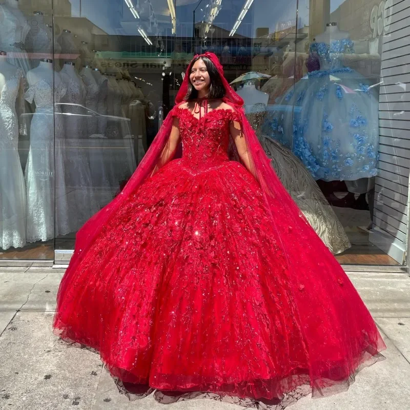 women's limited-edition dresses.Red Quinceanera Dresses 2024 Ball Gown Sweet 16 Dress With Cape Applique 3DFlower Pageant vestido de 15 anos quinceañera