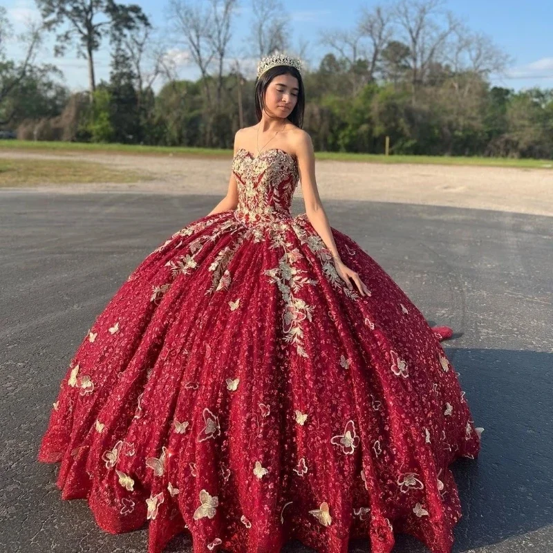 women's maternity dressesRed Sweetheart Ball Gown Quinceanera Dresses Gold Applique Bow Crystal Beading Off the Shoulder Ribbons Corset Vestido De 15Anos