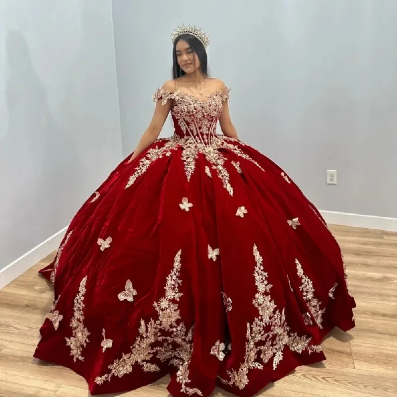 women's fair-trade dressesRomantic Sweetheart Neck Quinceanera Dresses Sparkly 3D Flower Ball Gown Burgundy Sweet 16 Year Princess Dress vestidos de anos