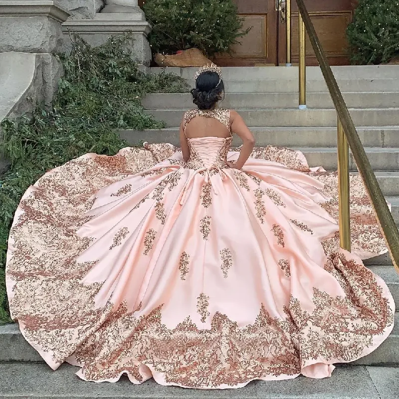 women's ethical fashion dressesRose Gold Quinceanera Dresses Sequin Applique Satin Vestidos De 15 Años Rojos Princess Ball Gown Debutante Quinceanera Dress