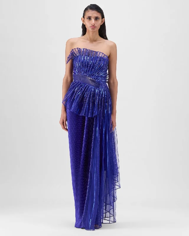 women's velvet dressesRoyal Blue Metallic Sun Ray Drape Gown