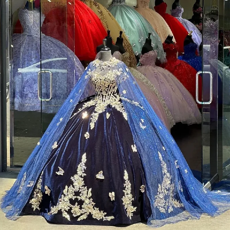 women's flutter-sleeved dressesRoyal Blue Quinceanera Dresses Ball Gown Sweetheart Sparkly Appliques Puffy Sweet 16 Dresses 15 Años Mexican