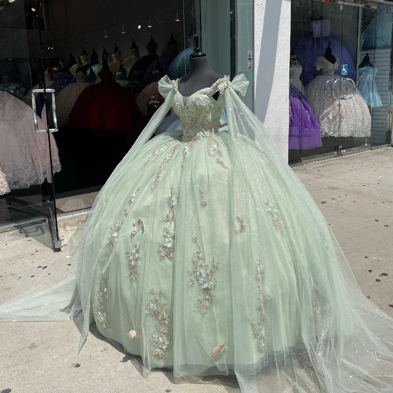 women's formal dressesSage Green Tulle Quinceanera Dresses Sweetheart Beads Applique Lace With Cape Ball Gown Sweet Sixteen Dress Gowns vestidos de 15