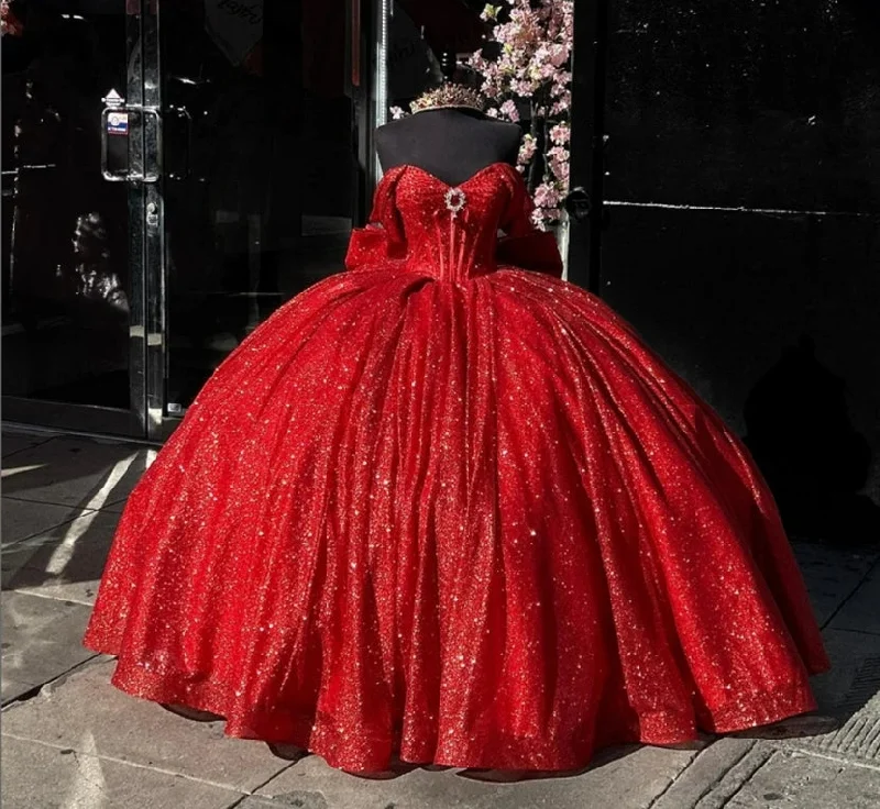 women's custom dressesShinning Red Ball Gown Quinceanera Dress Off The Shoulder Mexican Sweet 16 Dress Princess Lace-up Vestido De 15 Años