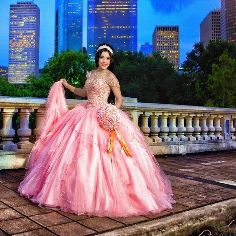 women's glam dressesShiny Pink Ball Gown Quinceanera Dresses Appliques Beaded Vestido De 15 Anos Sweet 16 Princess Birthday Dress