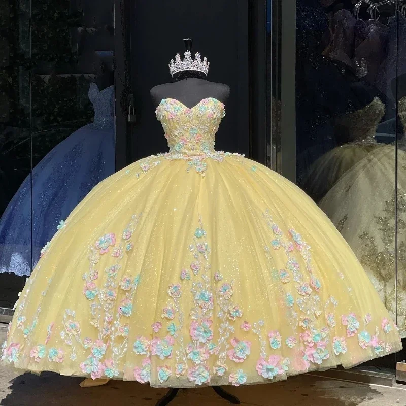 women's empire waist dressesShiny Yellow Lace-up Quinceanera Dress 3D Floral Applique Beading Ball Gown Off The Shoulder Tull Mexico Sweet 16 Vestidos De X