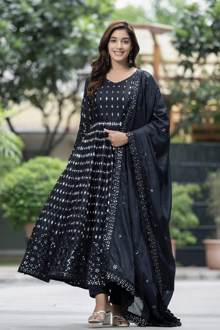 women's machine-washable dressesSilk Fabric Full Pair Black Anarkali Gown With Dupatta For Diwali