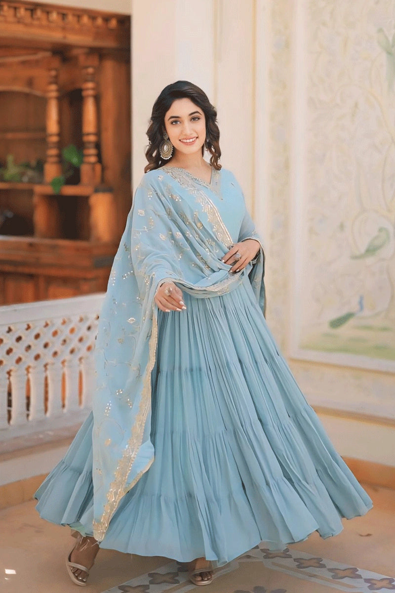 women's wedding guest dressesSky Blue Colour 5 Layer Gown For Diwali Special Outfits