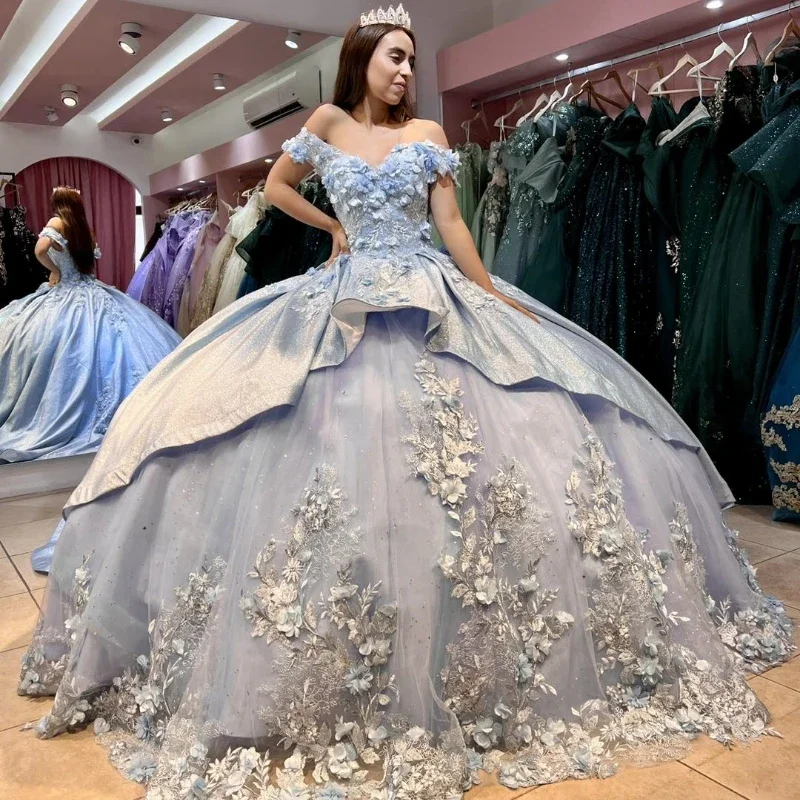 women's high-low dressesSky Blue Off The Shoulder Quinceanera Dress Ball Gown 3D Flowers Applique Beads Crystal Tull Sweet 16 Vestidos De XV 15 Anos