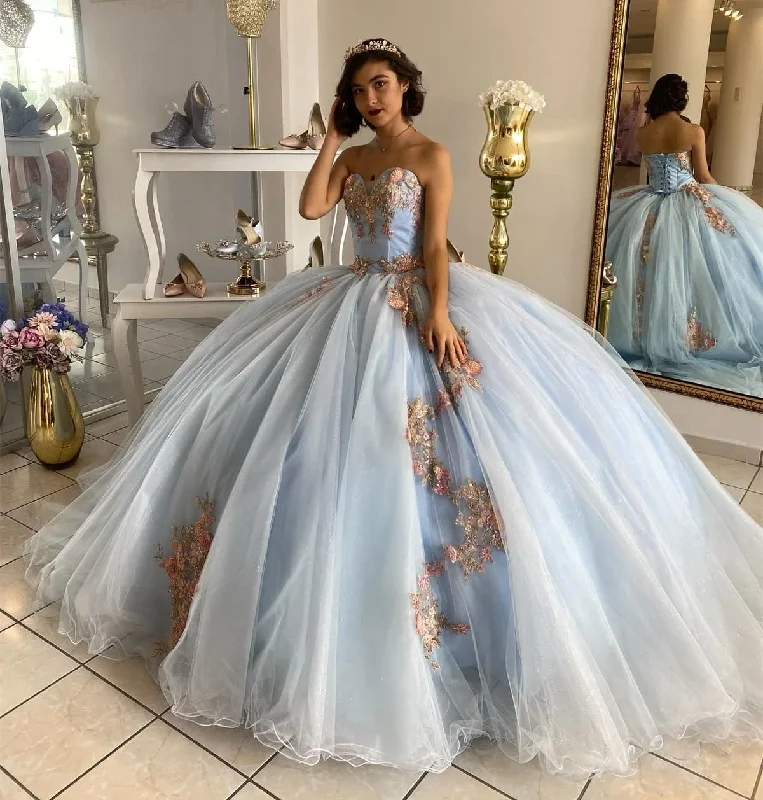 women's A-line dressesSky Blue Princess Quinceanera Dresses Ball Gown Sweetheart Tulle Appliques Lace Sweet 16 Dresses 15 Años Custom