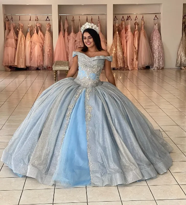 women's wedding guest dressesSky Blue Quinceanera Dresses Ball Gown Off The Shoulder Sequins Beaded Sweet 16 Dresses 15 Años Mexican