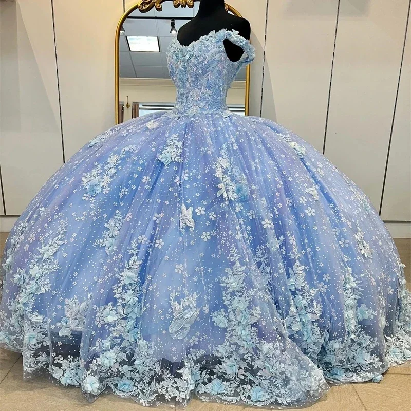 women's stretch dressesSky Blue Quinceanera Dresses Sleeveless Crystal Sequined Ball Gown Off The Shoulder 3D Flowers Tull Corset Vestidos Para XV 15