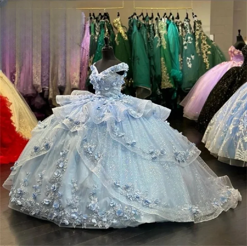 women's unique dressesSky Blue Sparkly Quinceanera Dresses Ball Gown Off The Shoulder Tulle Floral Sweet 16 Dresses 15 Años Mexican