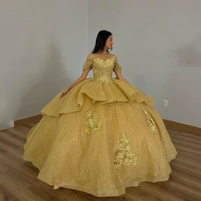 women's plus-size dressesSparkly Champagne Princess Quinceanera Dresses Off Shoulder Pearls Ball Gown Glitter Appliques Crystals Beads Sweet 15th Dress