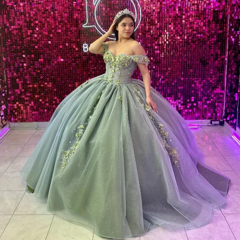 women's smart casual dressesSparkly Green Off The Shoulder Quinceanera Dresses Applique Lace Beads Tull Ball Gown Princess Dress vestidos 15 de quinceañera