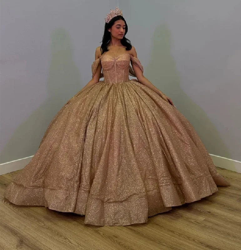 women's lightweight dressesSparkly Rose Gold 2024 Luxury Ball Gown Quinceanera Dresses Glitter Off Shoulder Sweet 16 Dress Vestido De 15 Anos Lace-Up