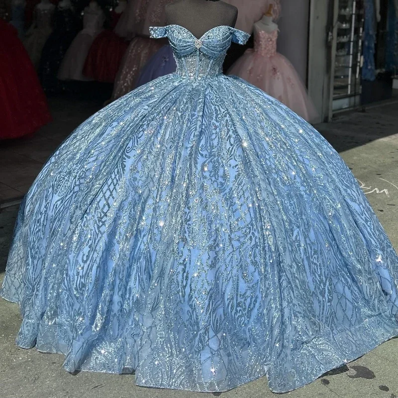 women's sleeveless dressesSparkly Sky Blue Princess Quinceanera Dresses Off Shoulder Ball Gown Glitter Appliques Lace Crystals Beads Tull Sweet 15th Dress