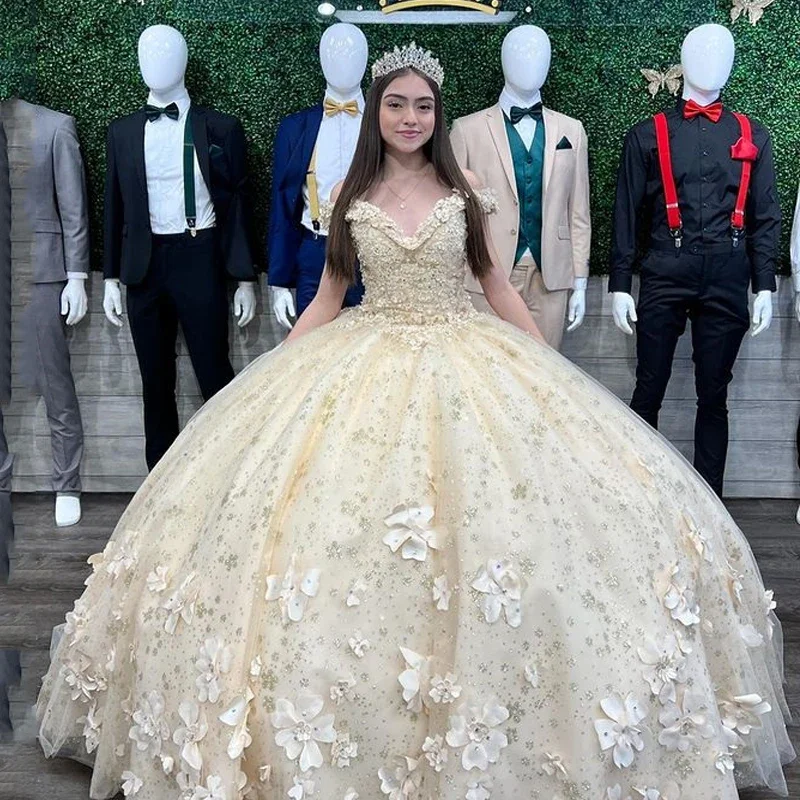 women's wrinkle-resistant dressesSparkly Tulle Champagne Off The Shoulder Quinceanera Dresses 3D Flower Princess Ball Gown Vestido De 15 Anos Sweet 16 Dresses