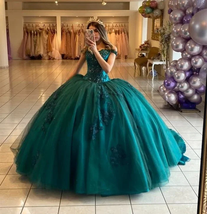 women's maxi dressesTeal Blue Princess Quinceanera Dresses Ball Gown Off The Shoulder Tulle Appliques Sweet 16 Dresses 15 Años Mexican