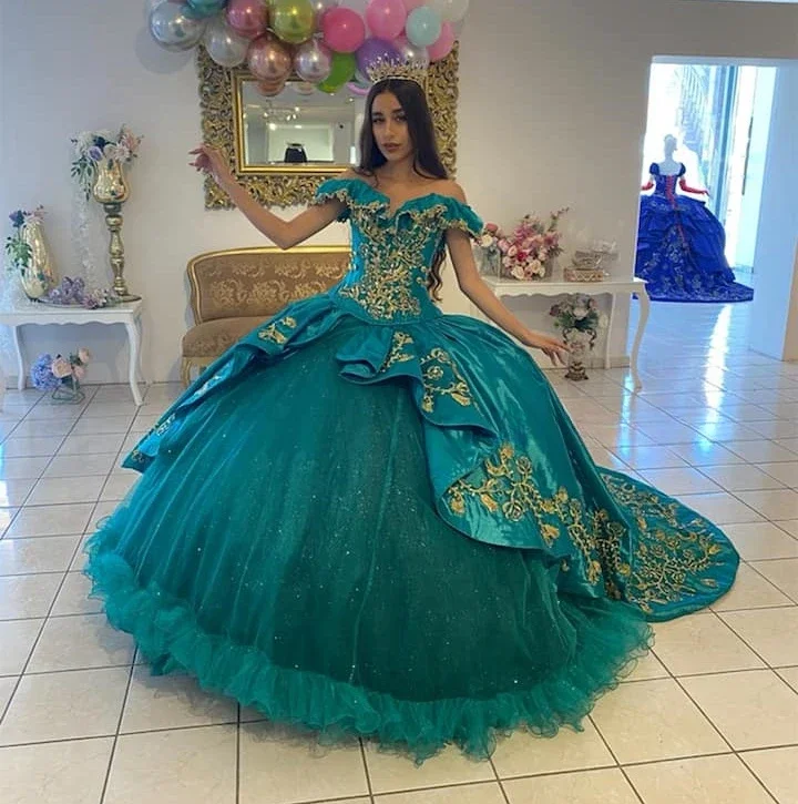 women's prom dressesTeal Blue Princess Quinceanera Dresses Ball Gown Off The Shouler Appliques Sweet 16 Dresses 15 Años Mexican