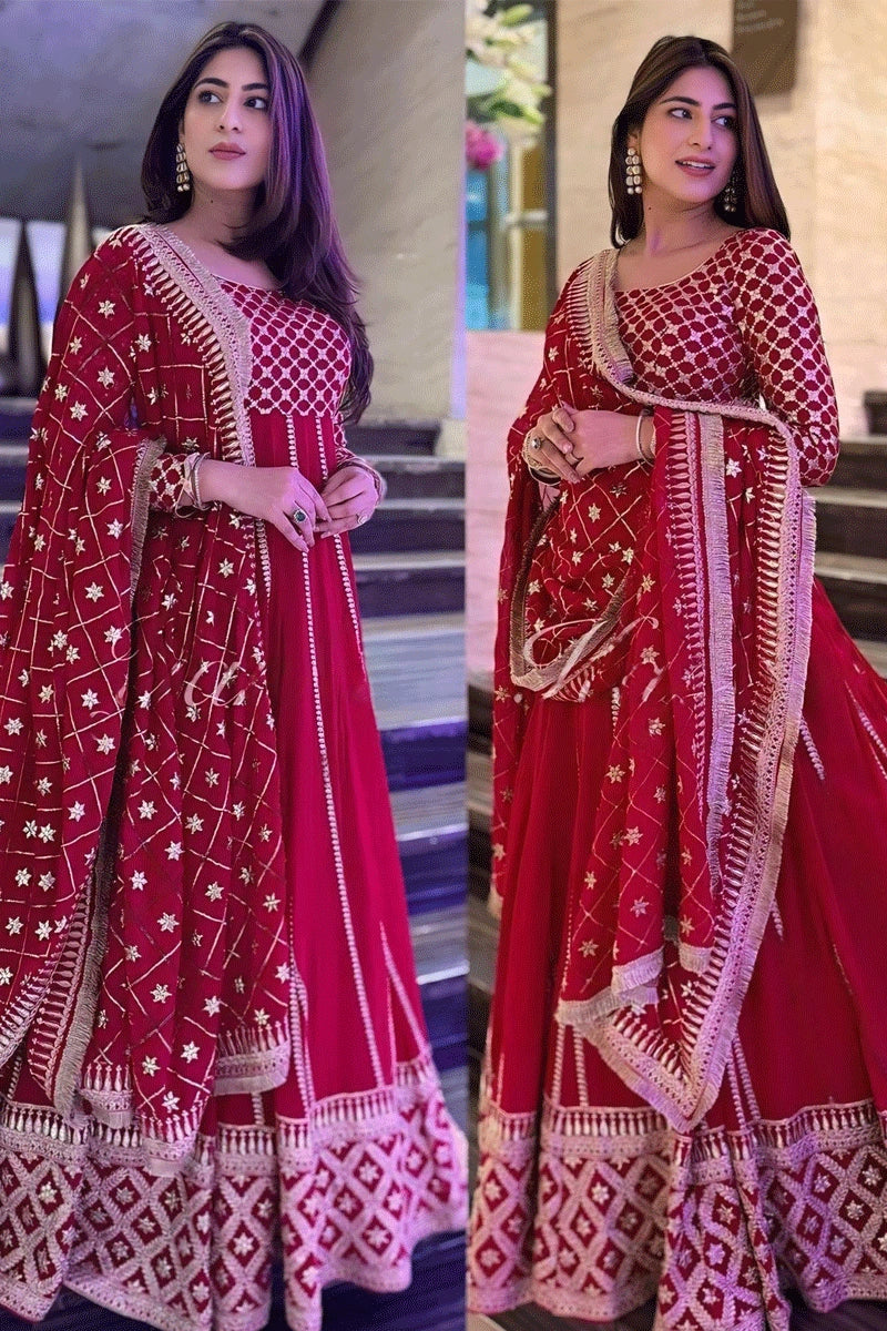 women's trendy dressesYankita Kapoor Full Pair Red Colour Gown For Karwa Chauth